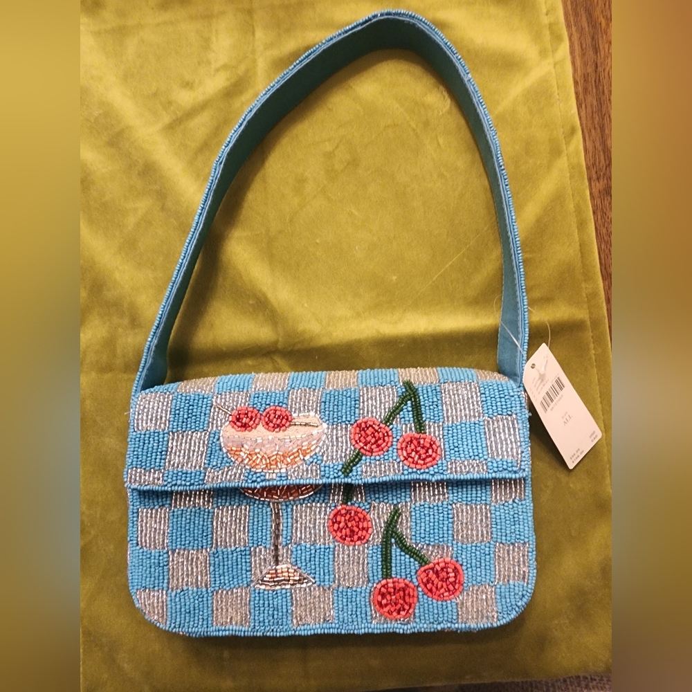 Anthropologie Blue Beaded Cherry Appliqué Shoulder Bag